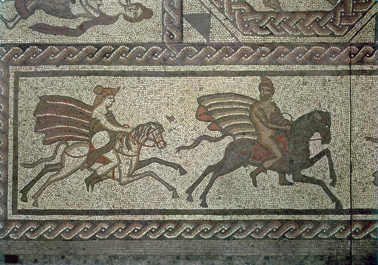 Mozaika brukowa z rzymskiej willi w Low Ham, ilustrująca historię Dydony i Eneasza z Wergiliusza Eneidy, ok. 350 r. Fragment mozaiki z 5959 r. autorstwa Roman