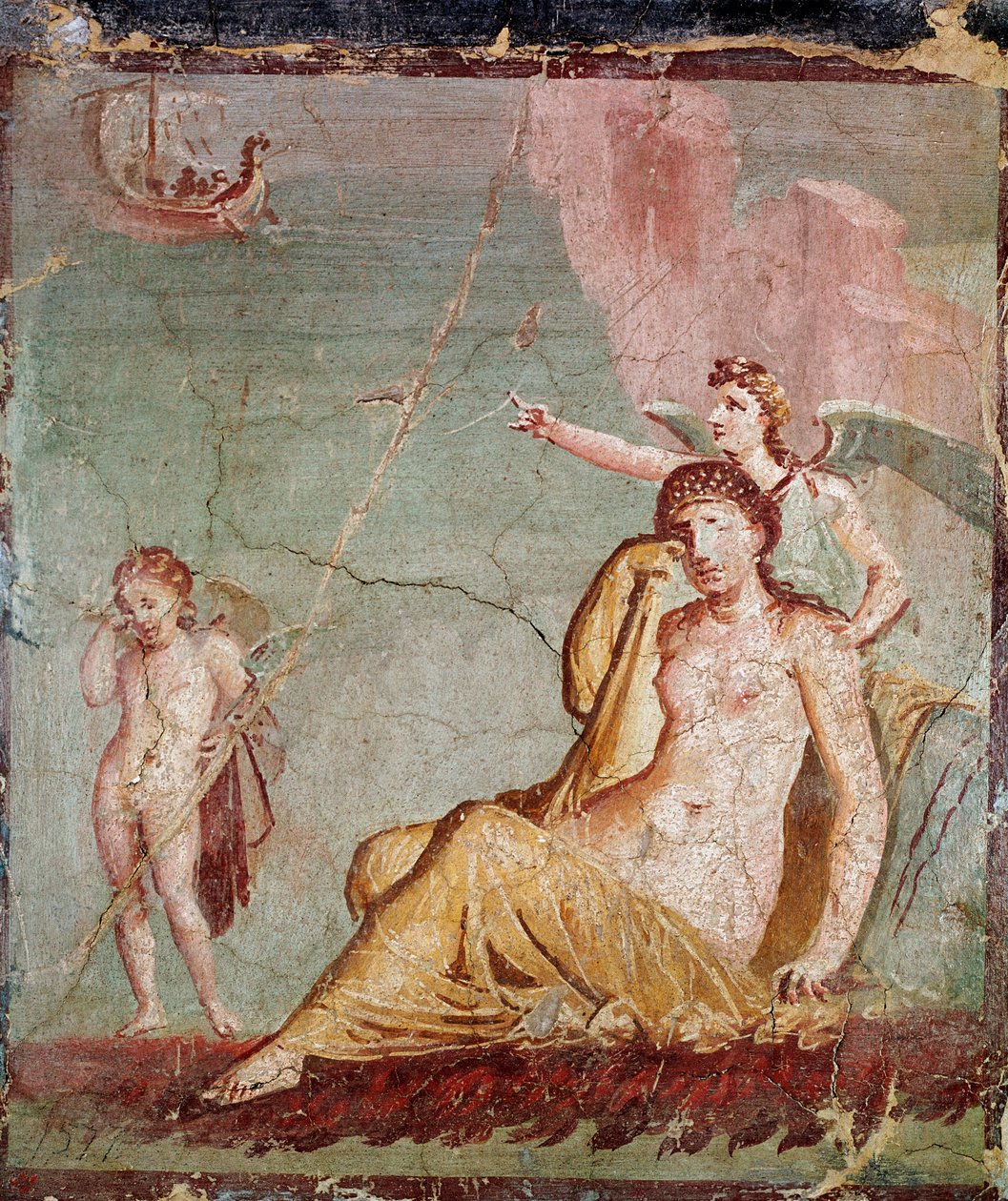 Nemezis, bogini zemsty, pokazuje statek Tezeusza, który właśnie porzucił Ariadnę (fresk autorstwa Roman