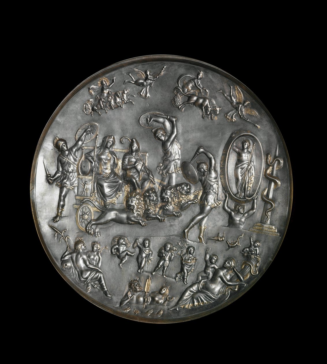 Patere de Parabiago, srebrne naczynie rytualne przedstawiające triumf Attisa (lub Atysa) i Kybele na rydwanie ostrzelanym przez lwy, IV w. Srebro: Średnica: 40 cm. Muzeum Archeologiczne w Mediolanie. - Patera z Parabiago, rytualny srebrny talerz, przedstaw autorstwa Roman