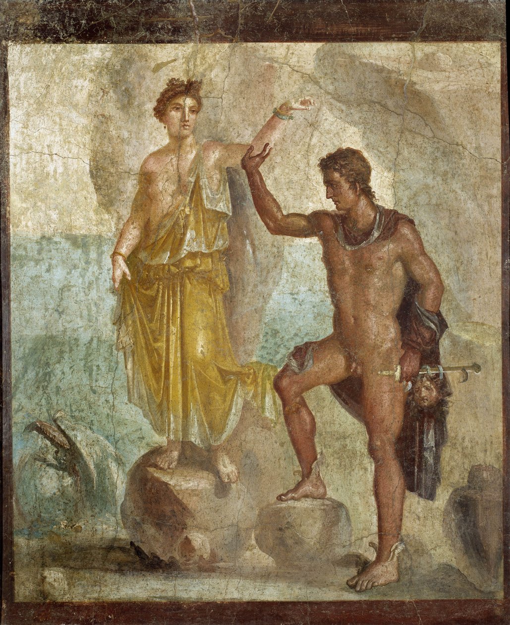 Perseusz wyzwolonej Andromedy. Fresk 98x120cm. Provenant de la Maison des Dioscures (Dom Dioscuri) w Pompejach. 300 ap JC. Narodowe Muzeum Archeologiczne w Neapolu (Musee archeologique de Naples). © Raffael / Leemage autorstwa Roman