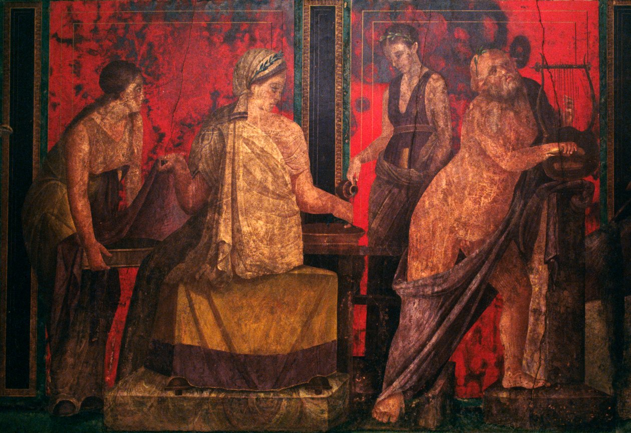 Kapłanka i silenus grający na lirze, scena z inicjacji do misteriów dionizyjskich, Triclinium Willi Tajemnic, Pompeje (Lista Światowego Dziedzictwa UNESCO autorstwa Roman