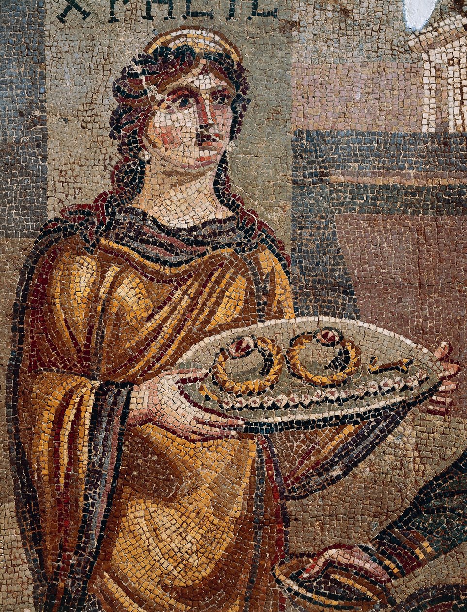 Więzień Chresis dający klucze swojego okupu swojemu porywaczowi Agamemnonowi, fragment mozaiki Chresis odkrytej w Daphne, Antiochia, Turcja autorstwa Roman