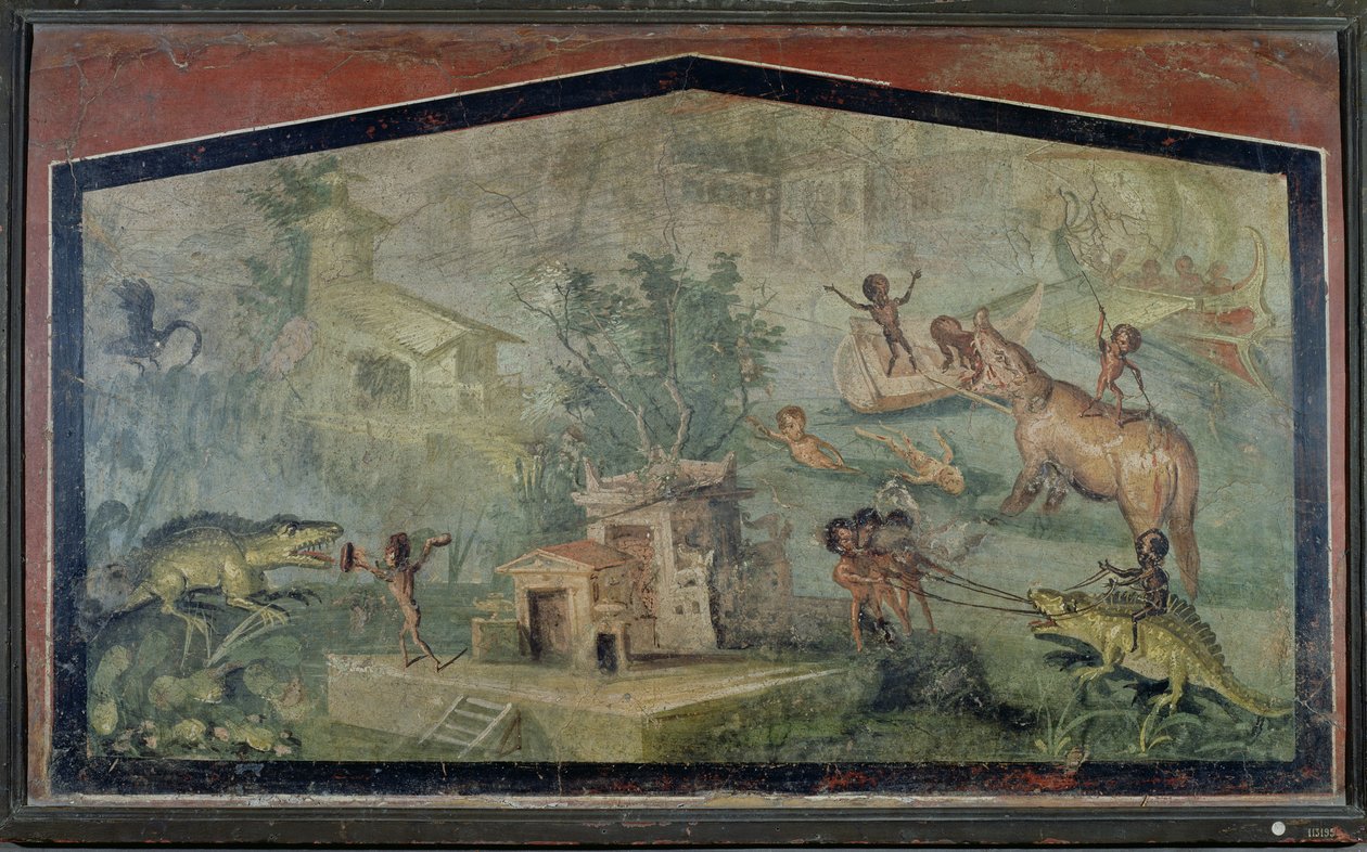 Polowanie na Pigmejów, z „Casa del Dottore” (Dom Doktora) z Pompejów, ok. 50-79 r. autorstwa Roman