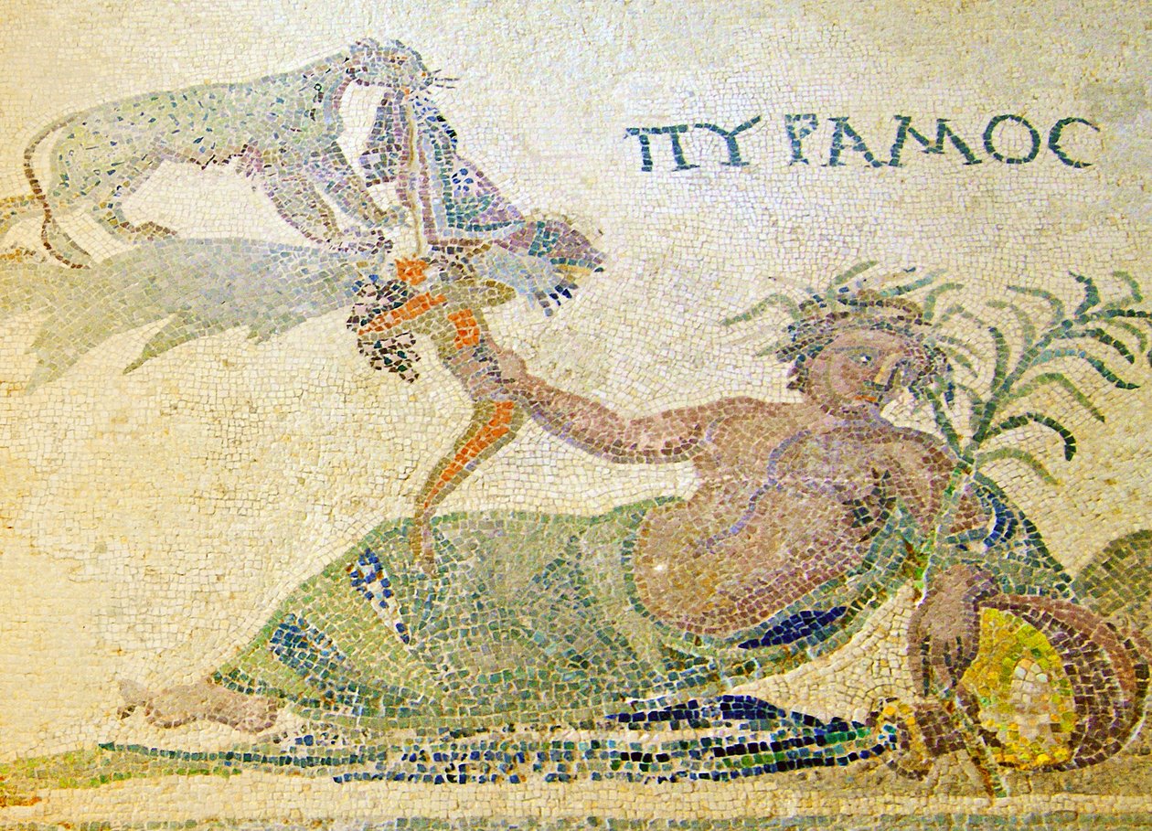 Pyramus i Thisbe, fragment Pyramus i lamparta, Dom Dionizosa, Pafos, mozaika Cypr autorstwa Roman