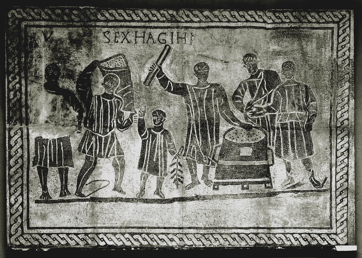 SZTUKA ROMAŃSKA: Mierzenie ziarna (kukurydzy). Ziarno kukurydzy, które Gajusz Grakchus ..., II wiek n.e. (mozaika) autorstwa Roman
