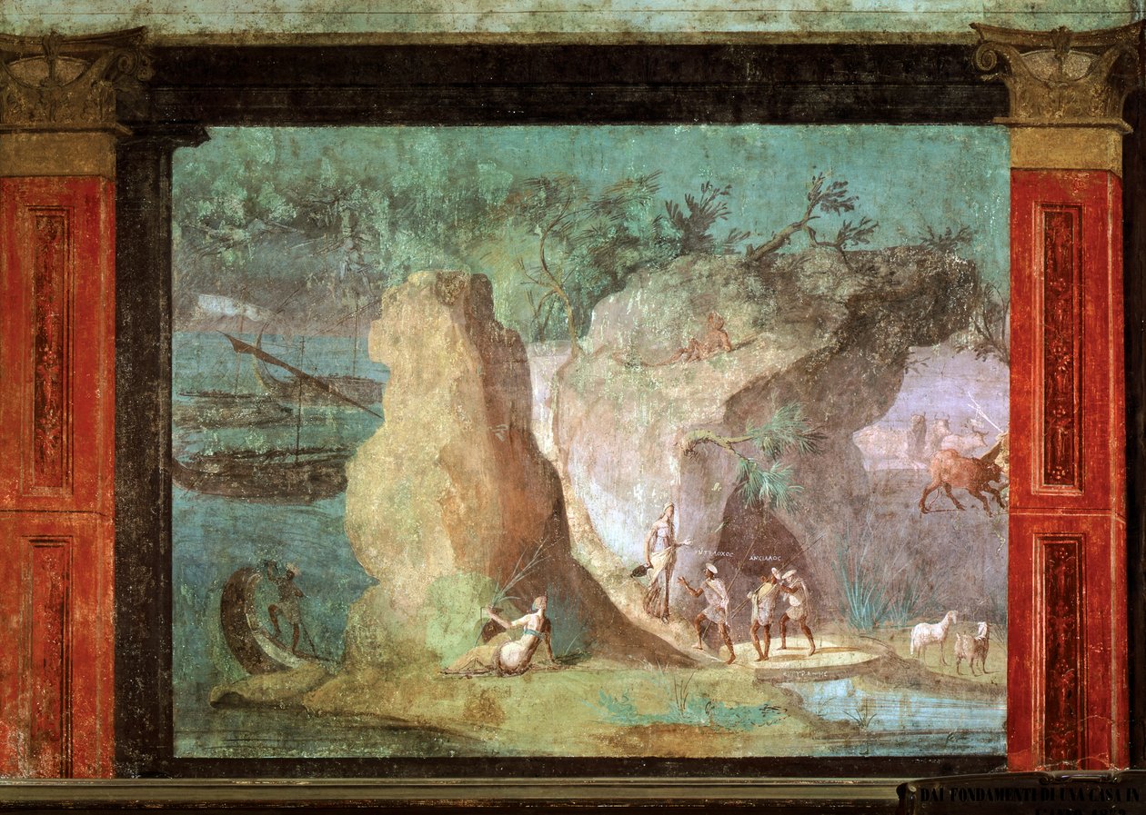 SZTUKA ROMAŃSKA: Scena z Odysei. Odyseusz w pałacu w Crce. Fresk z..., 50-40 p.n.e. (fresk) autorstwa Roman