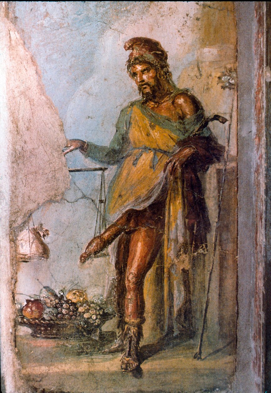 Przedstawienie greckiego bóstwa Priape, boga płodności, z ogromnym penisem stale w stanie erekcji. Fragment fresku Pompei. Casa dei Vettii. I wne. autorstwa Roman