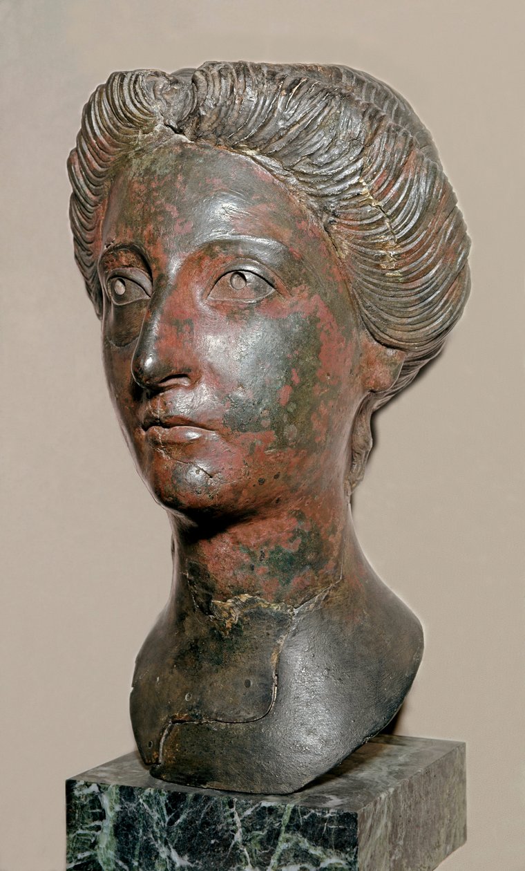 Sztuka rzymska: brązowe popiersie kobiety noszącej styl regne Antoninów (92-162 ne) Rzym, Museo della Civilta Romana autorstwa Roman