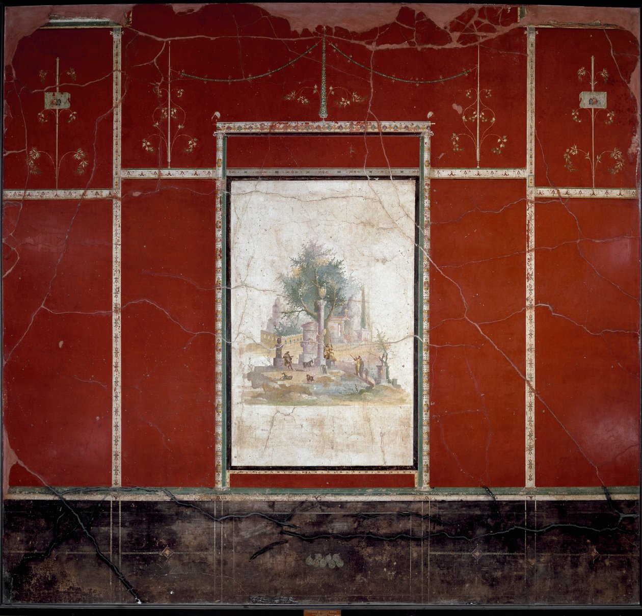 Sztuka rzymska: „”Pejzaż bukoliczny i sakralny”” Fresk przypisywany mistrzowi z Amando. od Boscotrecase, willa Agrippa Postumo. I wiek. Wymiary 153x98 cm Neapol, Narodowe Muzeum Archeologiczne autorstwa Roman