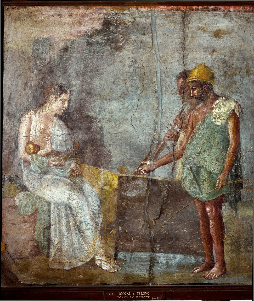 Sztuka rzymska: „”Danae i jego syn Persee zostali odnalezieni przez rybaków na plaży Seriphe””” Fresk z Pompei. Trzeci styl. Ciemny. 67x63 cm Museo Archeologico Nazionale, Neapol autorstwa Roman