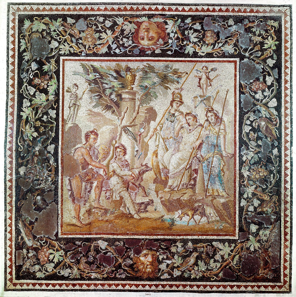 Sztuka rzymska: „”Sąd Paryża””” Mozaika z domu Atrium w Antiochii w Turcji. 115-150 n.e. Słońce 1,86 m Paryż, Musee du Louvre autorstwa Roman