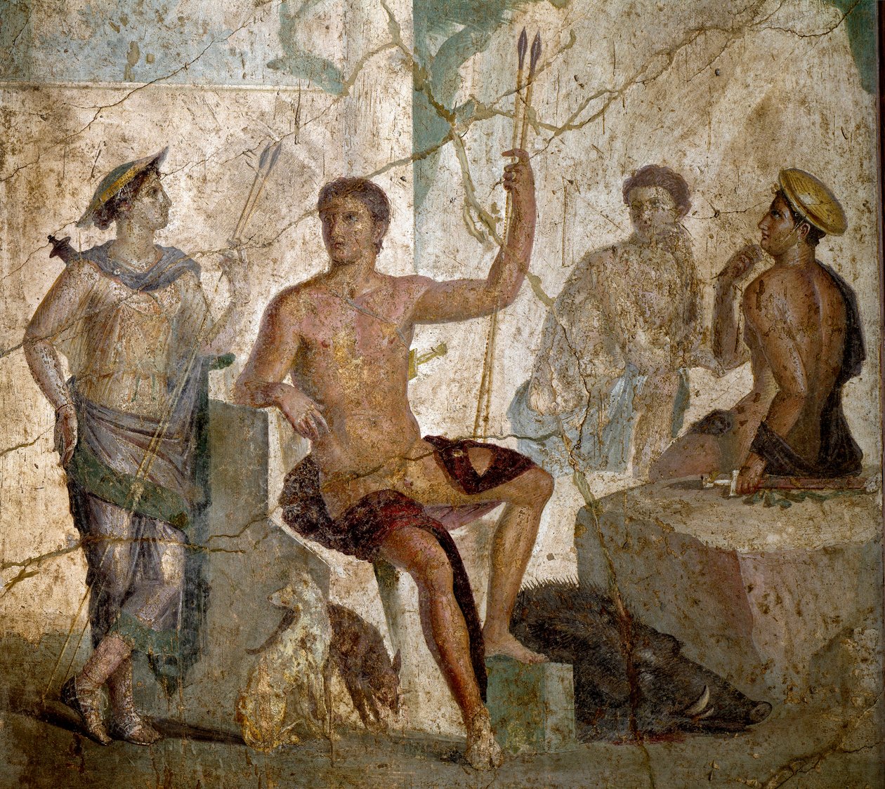 Sztuka rzymska: „”Meleagre i Atalante”””Rzymski fresk z I wieku naszej ery. z Pompejów. Neapol, Narodowe Muzeum Archeologiczne - Sztuka rzymska: Meleager i Atalanta. Fresk rzymski z I wieku naszej ery z Pompejów. Narodowe Muzeum Archeologiczne, Neapol, It autorstwa Roman