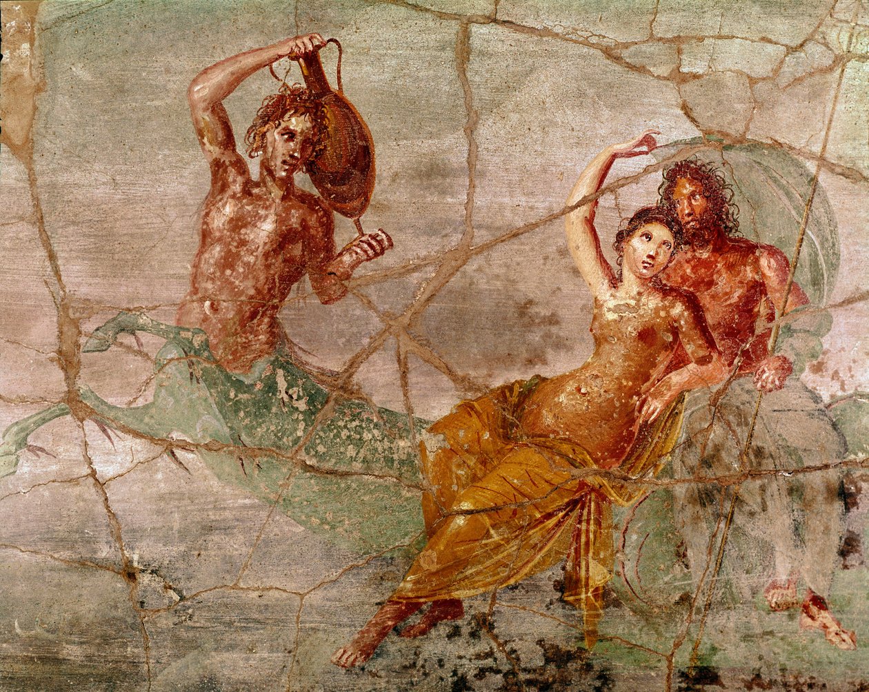 Sztuka rzymska: „”Neptun, Posejdon i Amfitryt”” Rzymski fresk z Pompei, Włochy (Neptun Poseidon amfitryt, fresk z Pompei) 60-80 n.e. autorstwa Roman