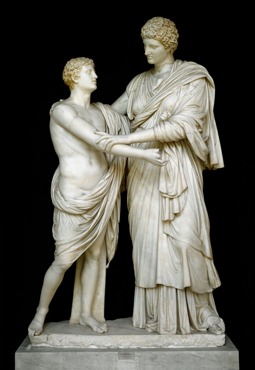 Sztuka rzymska: „” Oreste et Electre””” Rzeźba z marmuru z I wieku naszej ery. Z kolekcji Ludovisi wym. 192 cm - Rzym, Museo Nazionale Romano (o delle Terme) Włochy - Orestes i Elektra - Rzeźba marmurowa (wys. 210 cm), okres Cesarstwa Rzymskiego (27 pne-47 autorstwa Roman