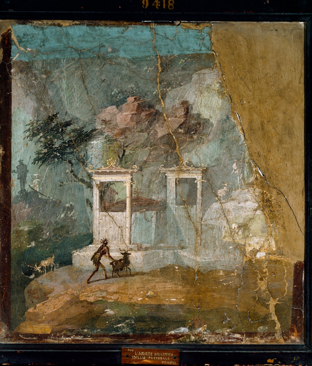 Sztuka rzymska: „Zaginiony Belier, pasterska sielanka” Rzymski fresk z Pompei po greckim oryginale (II w. p.n.e.). I wne. Neapol, Museo Archeologico Nazionale autorstwa Roman