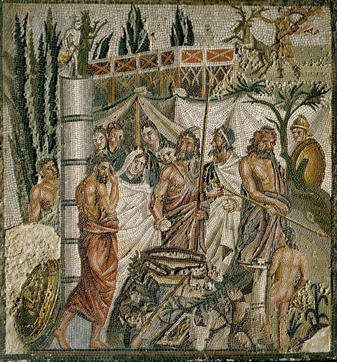 Sztuka rzymska: „”Ofiara Ifigenii”” Król Agamemnon poświęca swoją córkę, aby ukoić gniew Artemidy (Diana). Mozaika z I wieku p.n.e. Muzeum Ampurii (Empurias), Hiszpania autorstwa Roman