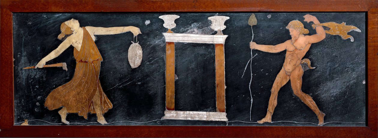 Sztuka rzymska: „”Taniec menady i satyry w pobliżu małej świątyni”””Intarsja z Pompei. Ciemny. 23x67 cm Museo Archeologico Nazionale, Neapol autorstwa Roman