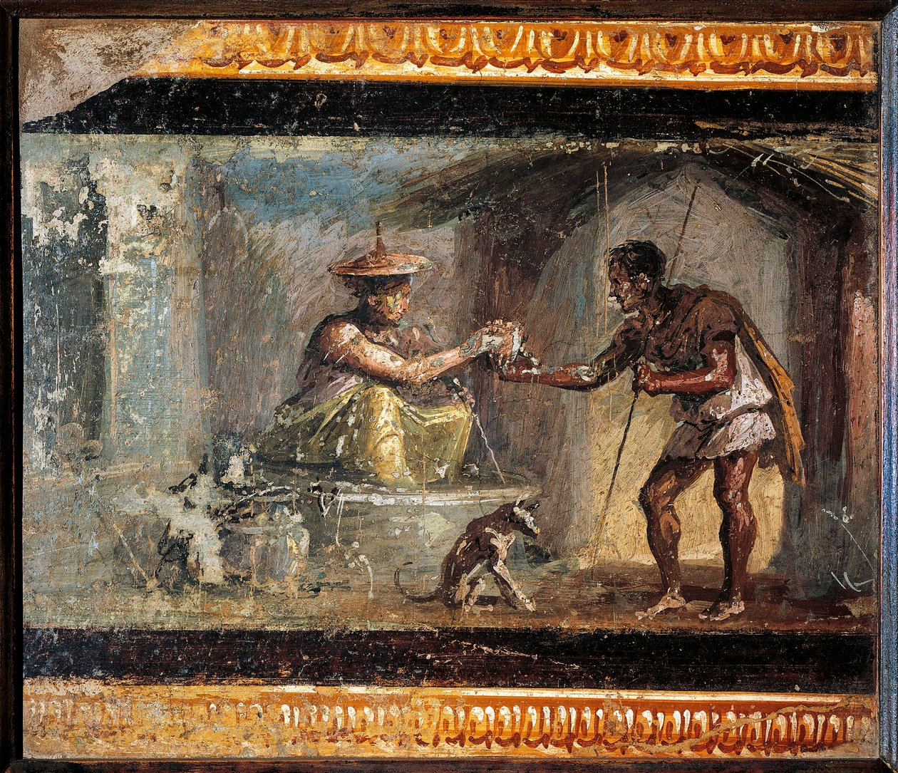 Sztuka rzymska: „Podróżnik i magik”” Rzymski fresk z willi Dioscuri w Pompejach. I wiek naszej ery. Zachowaj w Narodowym Muzeum Archeologicznym w Neapolu. - Sztuka rzymska: podróżnik i mag. Kobieta oferująca drinka podróżnikowi, in autorstwa Roman