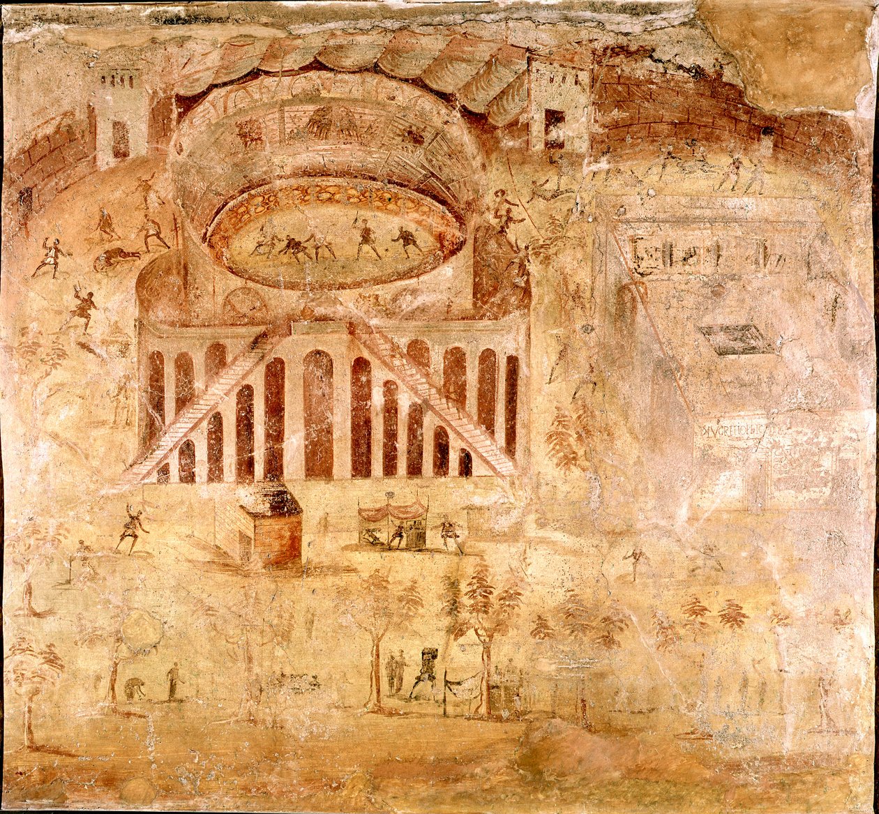 Sztuka rzymska: „”Gwałtowna walka między mieszkańcami Nocery a Pompejuszami w amfiteatrze w Pompejach w 59 rne”” Fragment fresku. I wne. Ze strony Pompei. Neapol, Museo Archeologico Nazionale autorstwa Roman