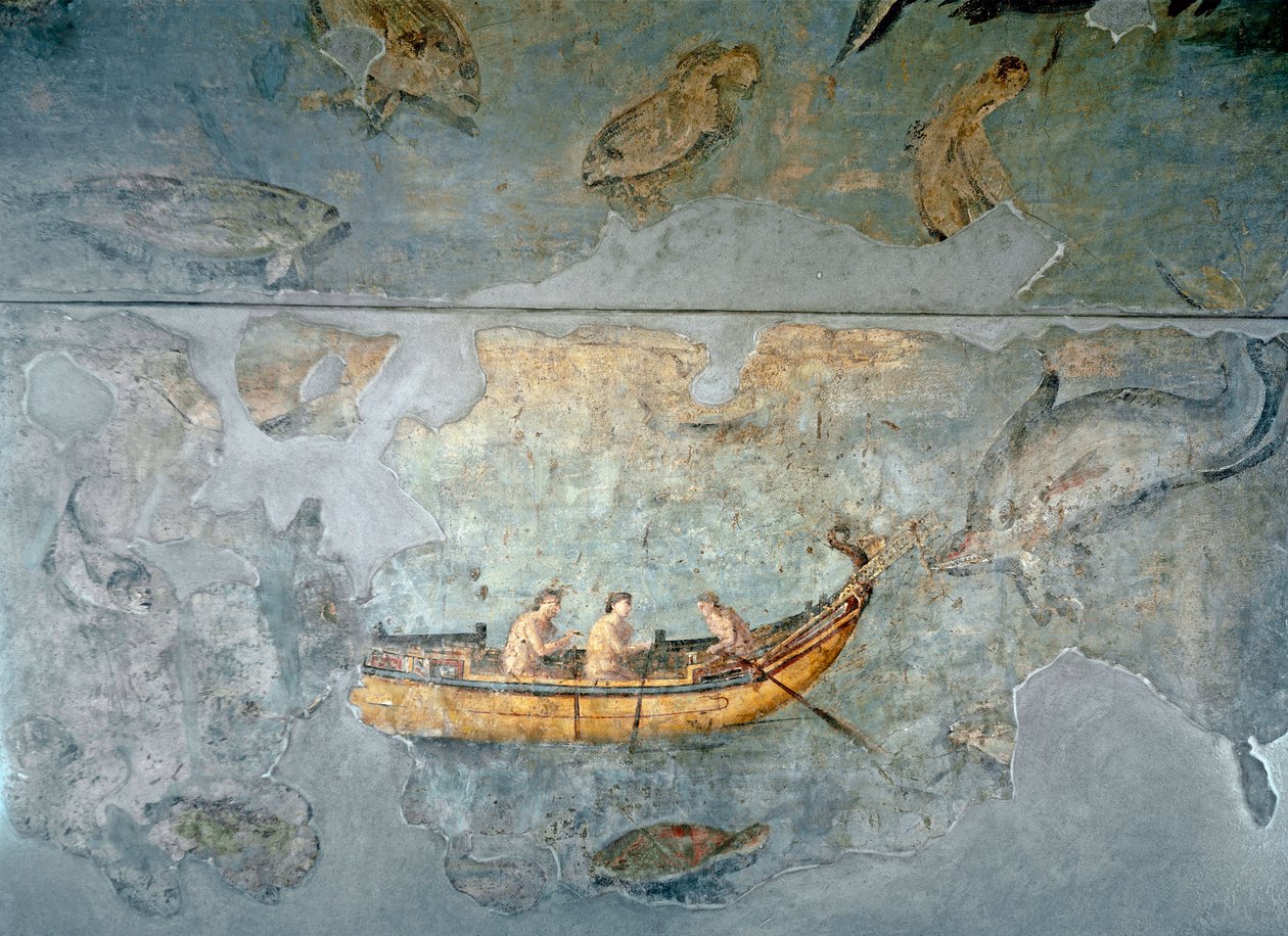 Sztuka rzymska: „”rybacy na łodzi””” Fresk z domu położonego w pobliżu portu rzecznego Rzymu. 131 n.e. Rzym, Museo Nazionale Romano (o delle Terme) autorstwa Roman