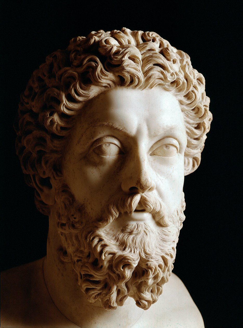 Sztuka rzymska: głowa cesarza rzymskiego Marca Aurele (120-180 ne) - Rzeźba z marmuru autorstwa Roman