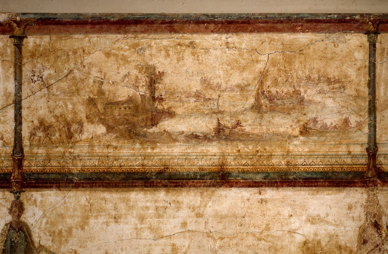 Sztuka rzymska: „” scena morska, z biremami i triremami ”” ”freski ok. 25-19 p.n.e. Rozmiar 73 cm Rzym, Narodowe Muzeum Rzymskie (lub Terme) autorstwa Roman