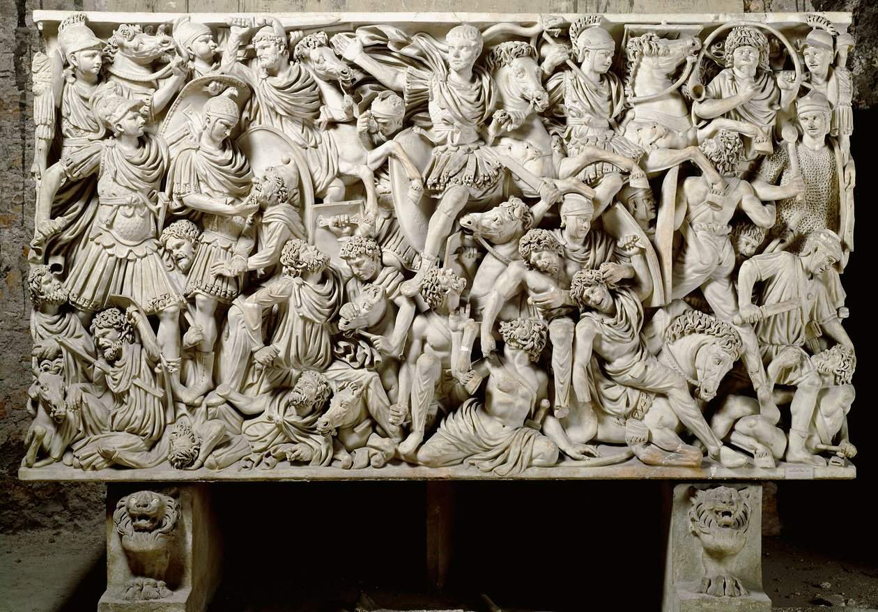 Sztuka rzymska: sarkofag Ludovisi ze sceną bitewną przeciwstawiającą Rzymian barbarzyńcom - III wne, wym. 153x273 cm - Rzym, Museo Nazionale Romano - Ostiliano, syn cesarza Decjusza (201-51 n.e.) otoczony kawalerią, z bitwy między Rzymianami autorstwa Roman