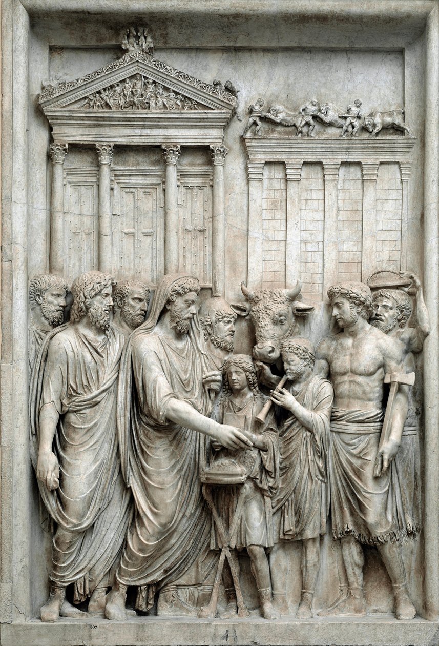 Cesarz rzymski Marek Aureliusz składający ofiarę przed świątynią Jowisza, Rzym, ok. 161-180 (rzeźba z marmuru) autorstwa Roman