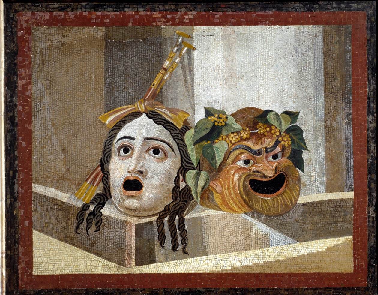 Maski teatralne rzymskie - mozaika rzymska, II w. AD, z Łaźni Decjusza na Awentynie, Roma, Włochy - Sztuka rzymska: maski Teatru Rzymskiego. Mozaika z II wieku naszej ery - Z Łazienek Decjusza na Awentynie, Rzym - Musei capitolini, Rzym autorstwa Roman