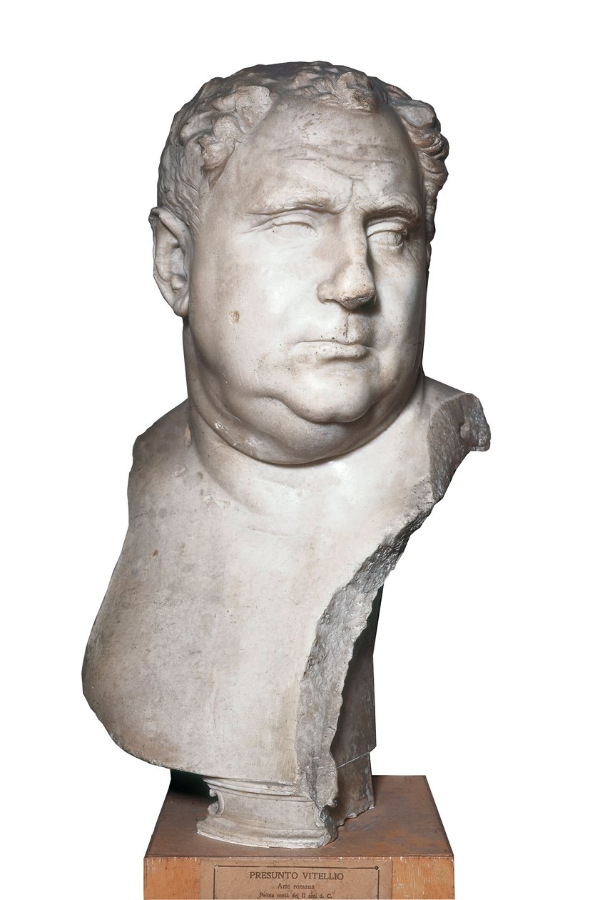 Sztuka rzymska: „Popiersie Witeliusza (15-69) cesarza rzymskiego” II w. (marmur) autorstwa Roman