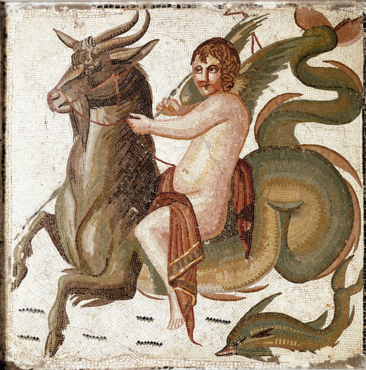 Sztuka rzymska: „Amorek ujeżdżający morskie stworzenie”” Mozaika z willi rodziny cesarza Septiusza Surowego. Koniec II wieku po JC. Rzym, Museo Nazionale Romano autorstwa Roman