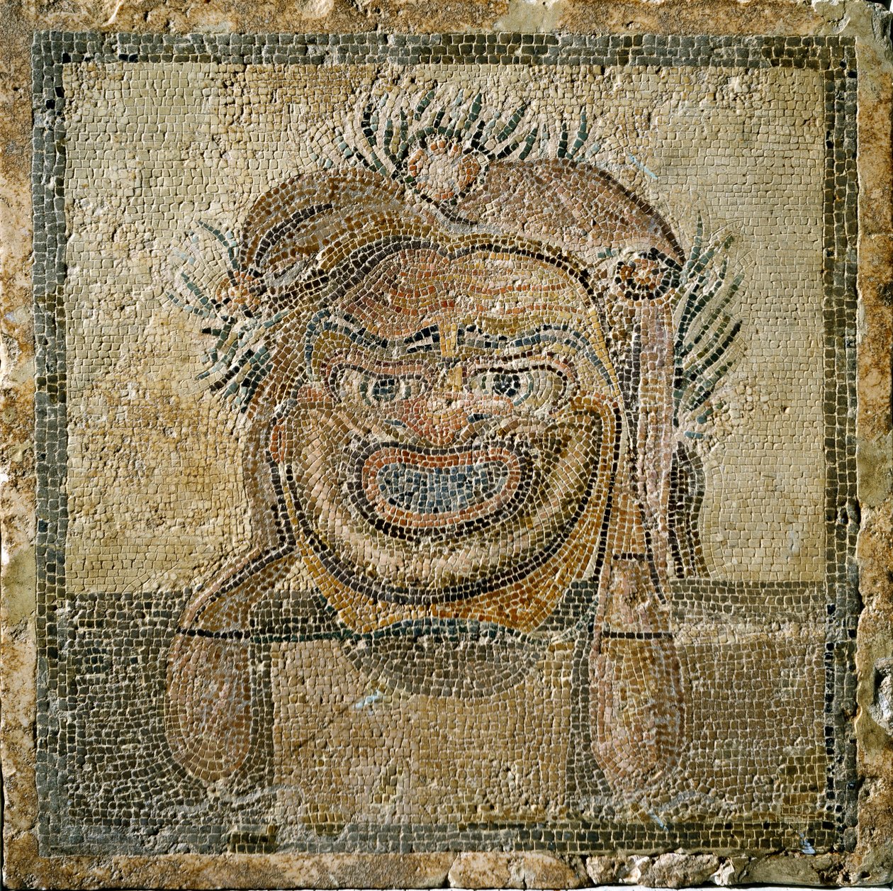 Sztuka rzymska: rzymska maska ​​teatralna. Mozaika z Ampurias (Empúries). II wiek naszej ery. Hiszpania Empurias Museum autorstwa Roman