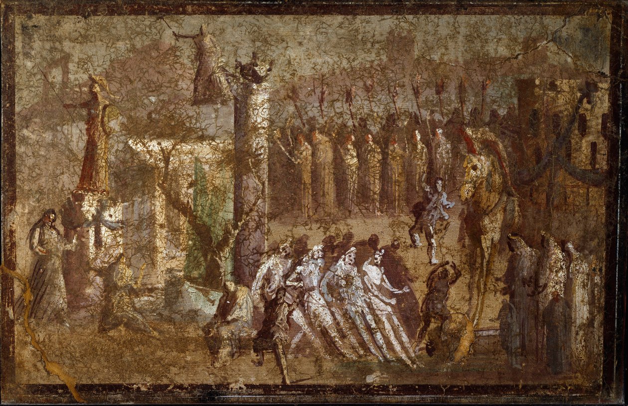 Sztuka rzymska: wpis „Tabula Iliaca” konia trojańskiego. Trojanie ciągną konia pod mury, a Cassandre próbuje się im przeciwstawić. Fresk z Pompejów. Neapol, Museo Archeologico Nazionale autorstwa Roman