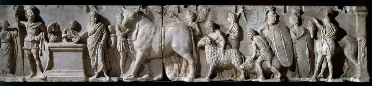 Sztuka rzymska: ołtarz Domicjusza Ahenobarbusa. 100 pne. Scena złożenia ofiary bogu Marsowi. relief na marmurze. niedz 2,05 m. Paryż, Luwr autorstwa Roman