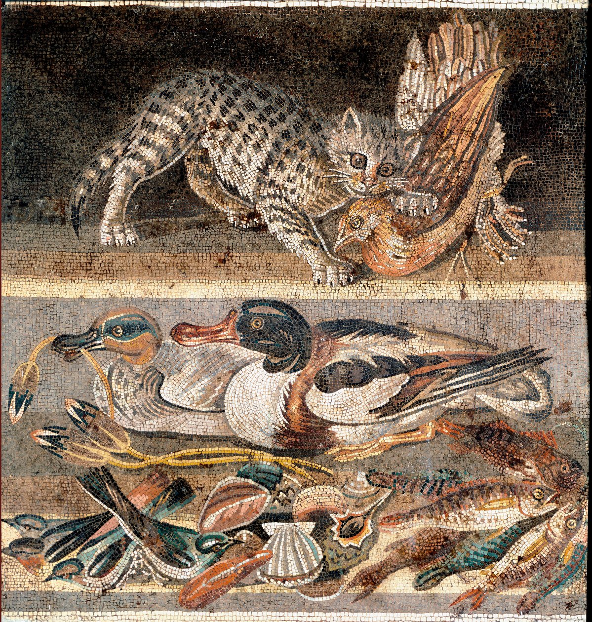 Sztuka rzymska: kot jedzący kuropatwę i dzikie kaczki Pierwsza połowa I pne) Rzym, Museo Nazionale Romano autorstwa Roman