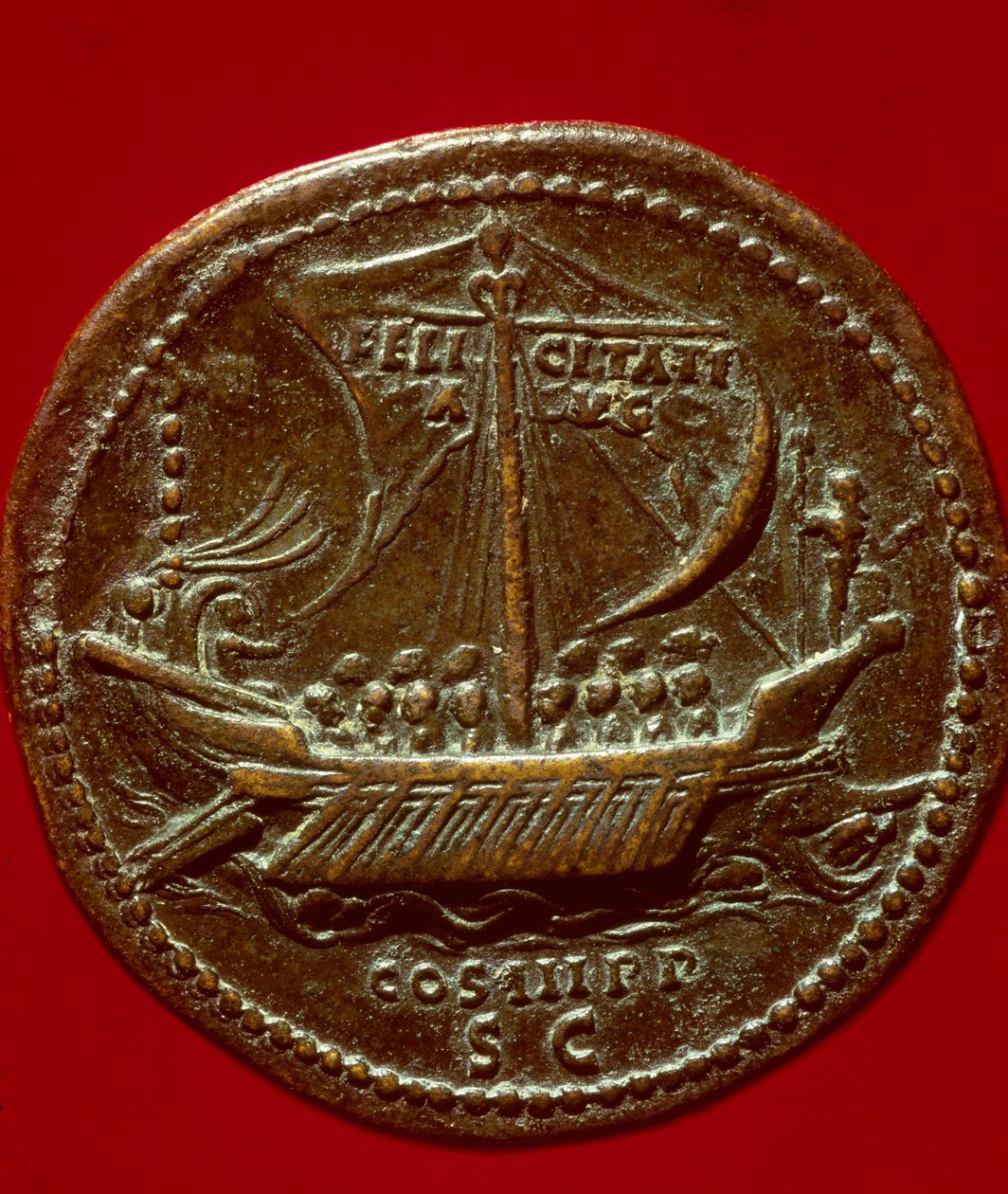 Sztuka rzymska: moneta cesarza Hadriana (lub Adriena) (76-138 ne) przedstawiająca imperiale galere. 119 n.e. Paryż, B.N. autorstwa Roman