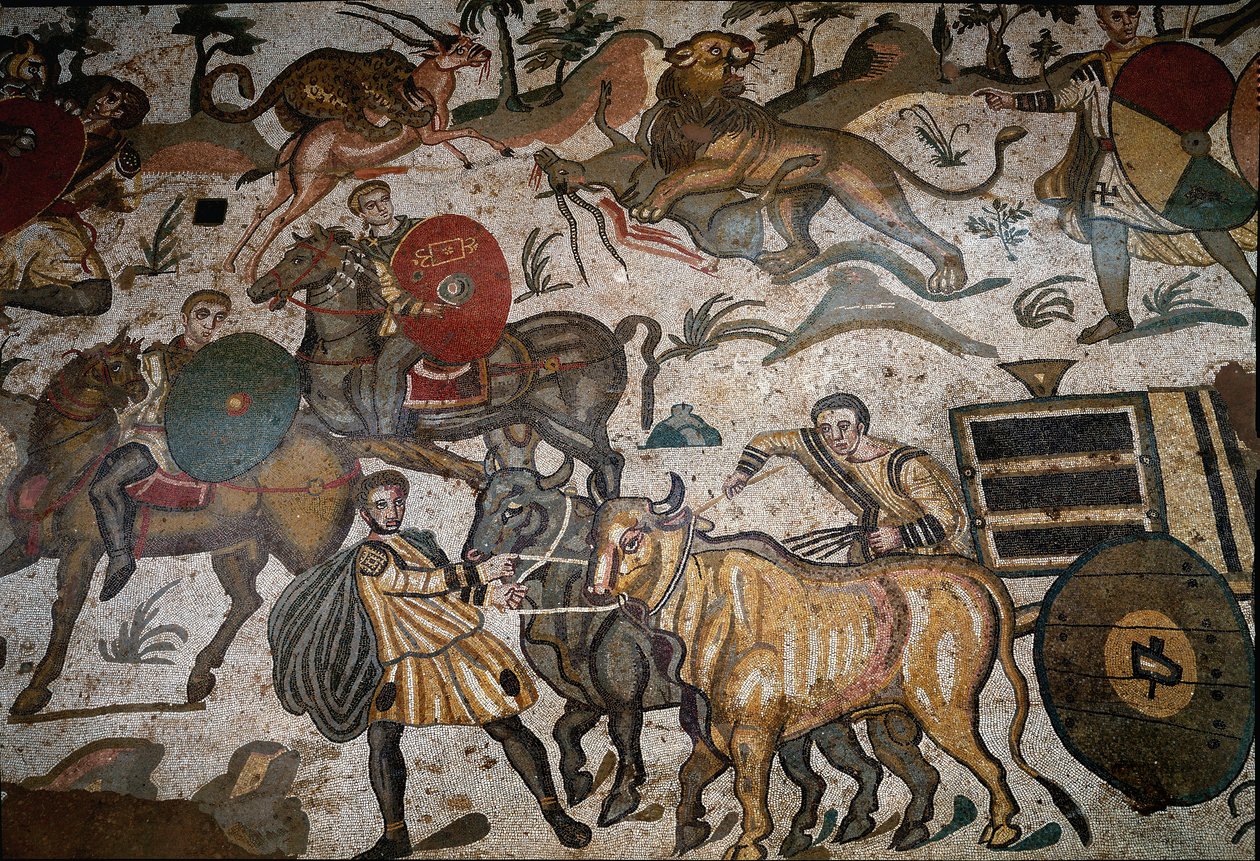 Sztuka rzymska: detal mozaiki „Wielka część myśliwska”” Char ciągnie woły. 315-350 n.e. Piazza Armerina, Villa Romana del Casale autorstwa Roman