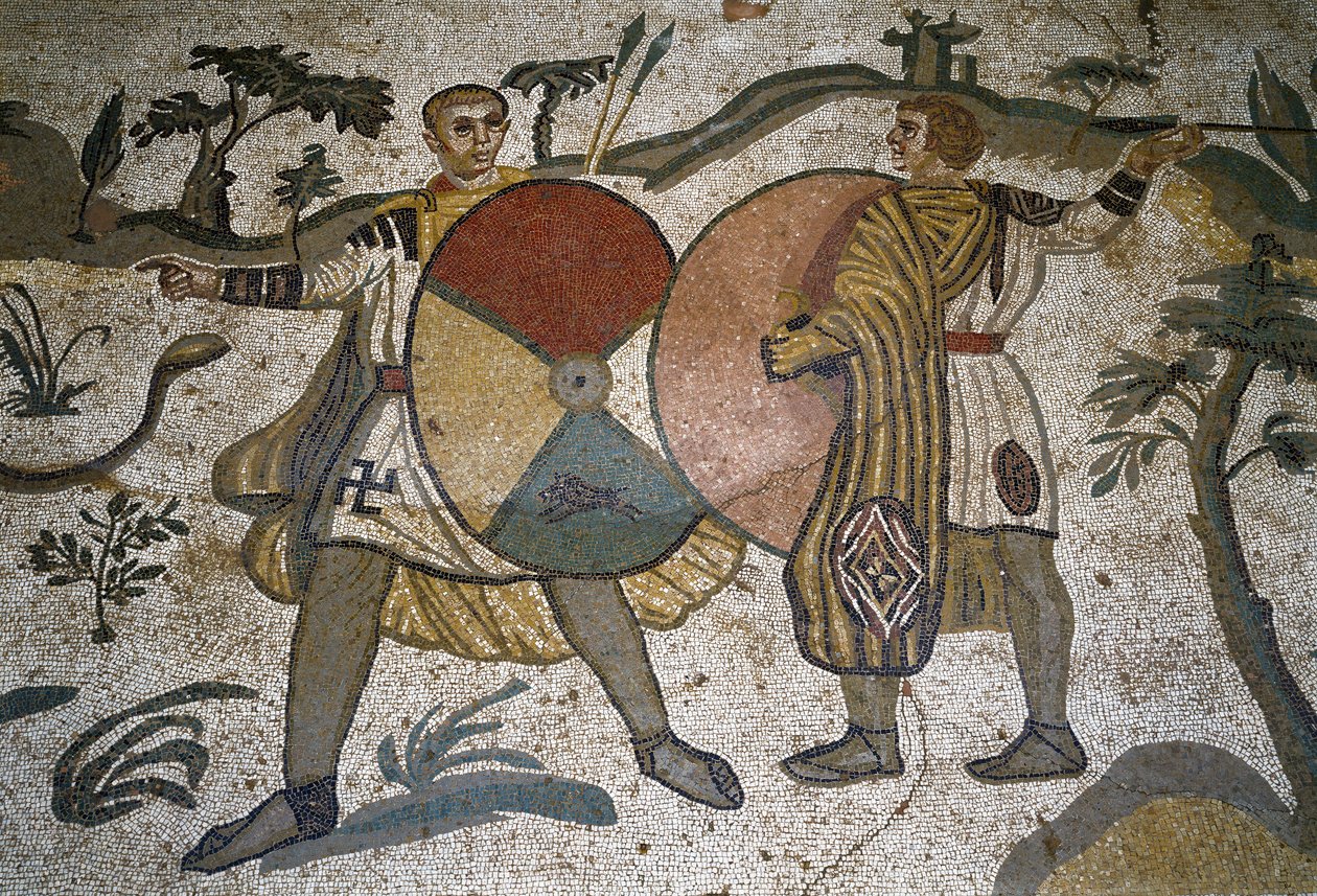 Sztuka rzymska: detal mozaiki „Duża część myśliwska”” Broń myśliwych o dużych tarczach. 315-350 n.e. Piazza Armerina, Villa Romana del Casale autorstwa Roman