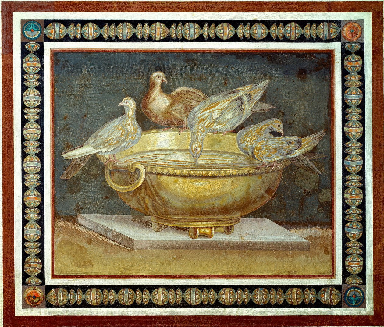 Sztuka rzymska: cztery gołębie pijące fontannę. Mozaika pochodząca z Villa Adriana (Villa d