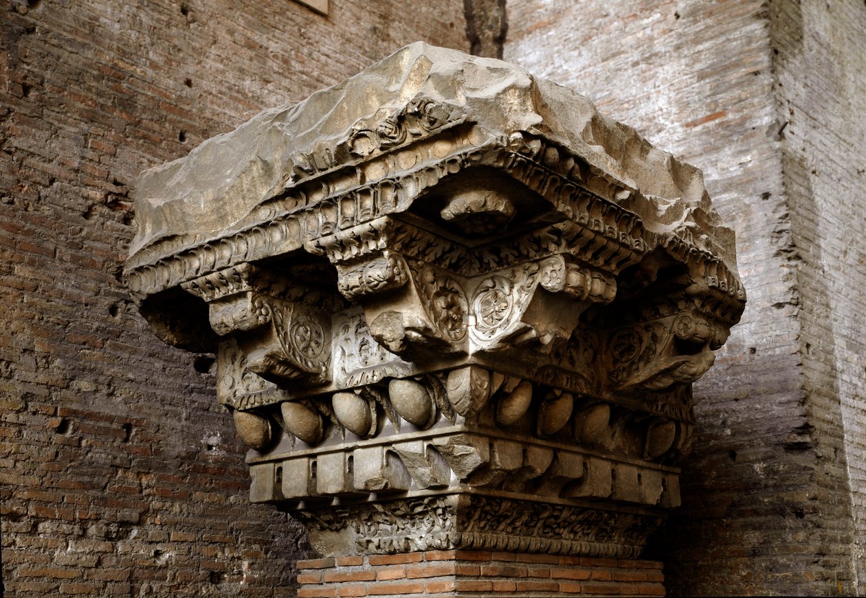 Sztuka rzymska: fragment gzymsu. I wiek. Narodowe Muzeum Rzymskie (lub Terme), Rzym autorstwa Roman