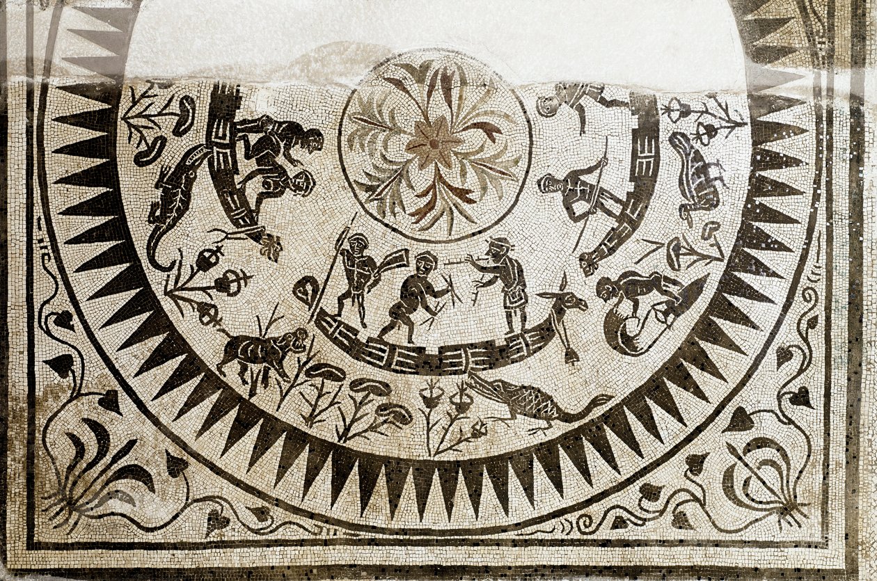 Sztuka rzymska: polowanie i wędkarstwo pigmeje. Mozaika z III wieku. Narodowe Muzeum Rzymskie (lub Łaźni) Rzym autorstwa Roman