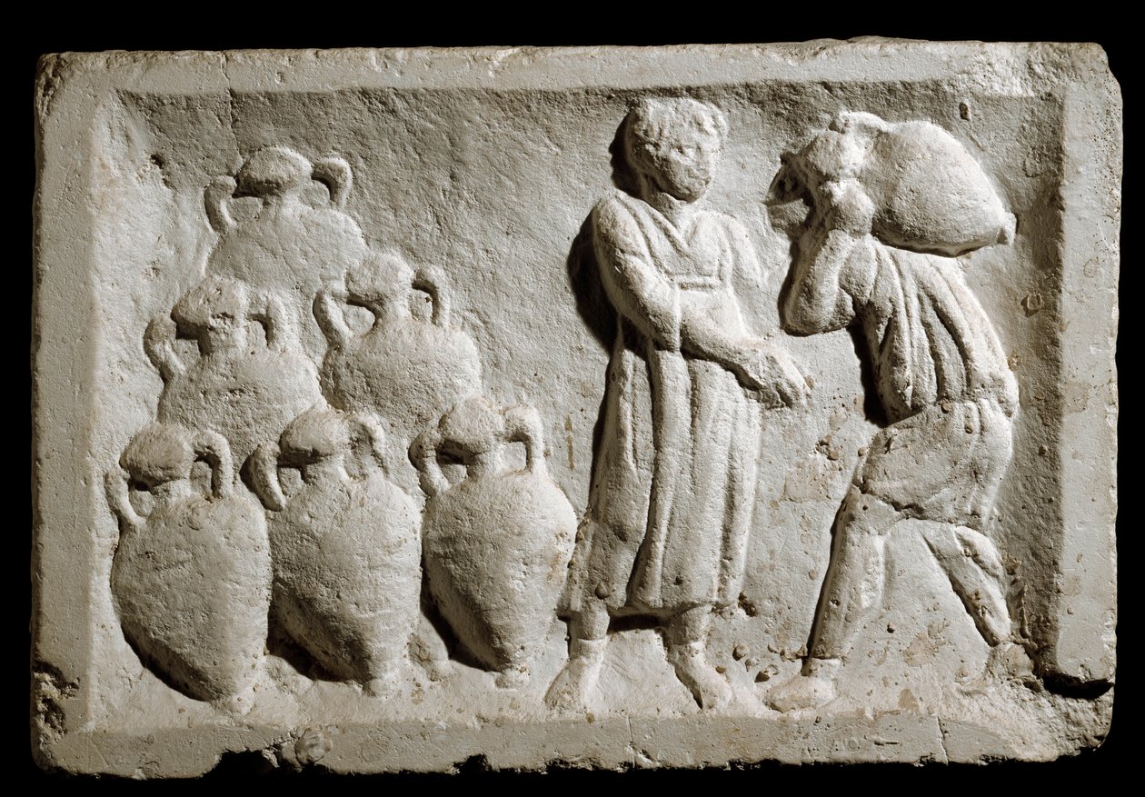 Sztuka rzymska: „”ładowanie i sztauowanie dzbanów na wino”””Relief. II wiek naszej ery. Rzym, Muzeum Cywilizacji Rzymskiej autorstwa Roman