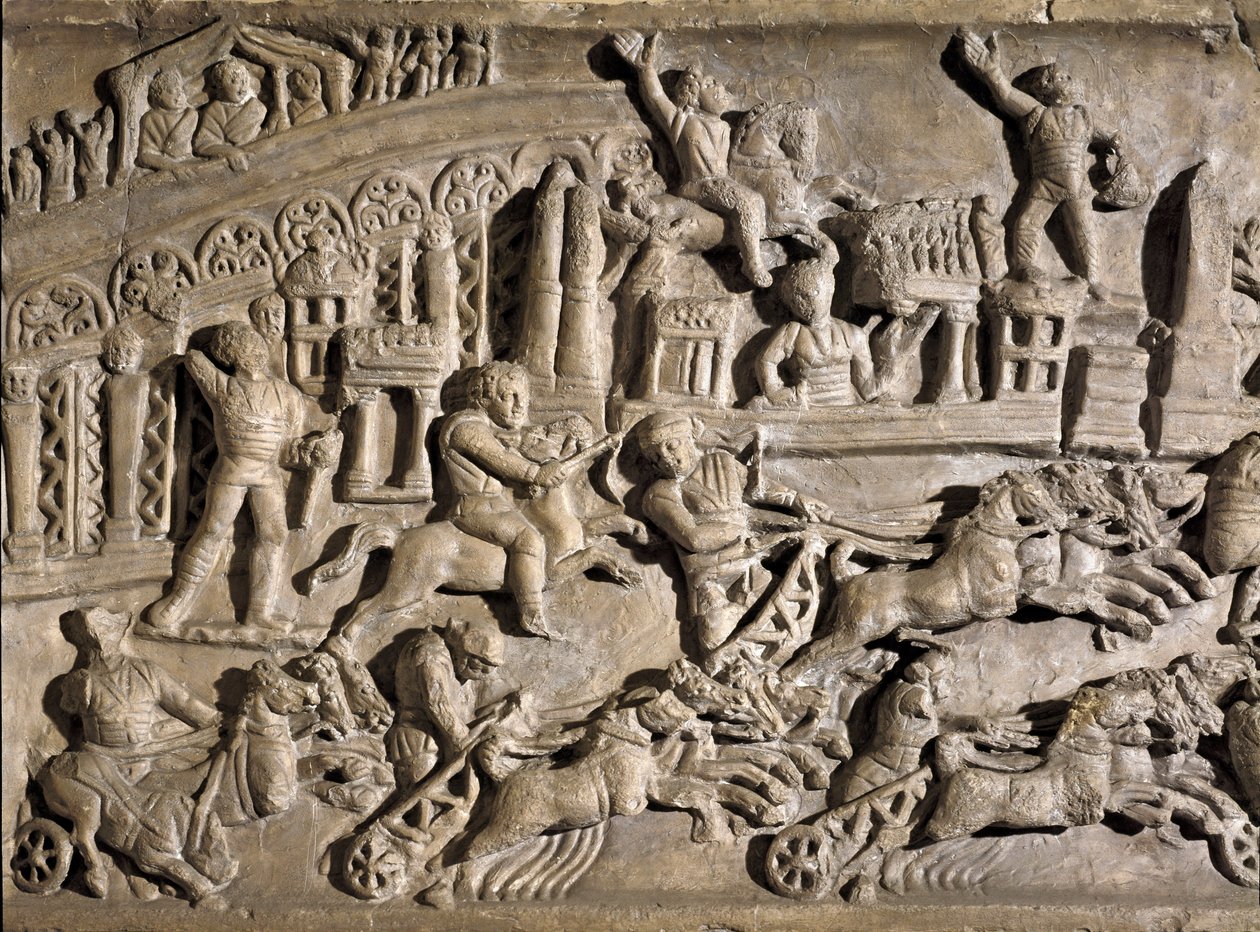 Sztuka rzymska: płaskorzeźba przedstawiająca wyścigi czołgów w Circus Maximus (Grand Circus lub Circus Maxime) w Rzymie. II wiek naszej ery. Rzym, Museo della Civilta Romana autorstwa Roman