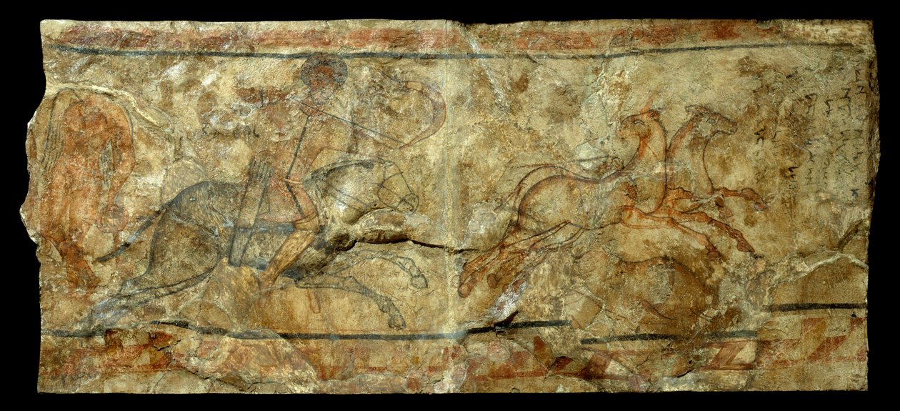 Sztuka rzymska: mural przedstawiający łucznika polującego na pierwiosnek. ze stanowiska Doura Europos w Syrii (27 BC-476 AD). Słońce 2,1x0,9 m² autorstwa Roman