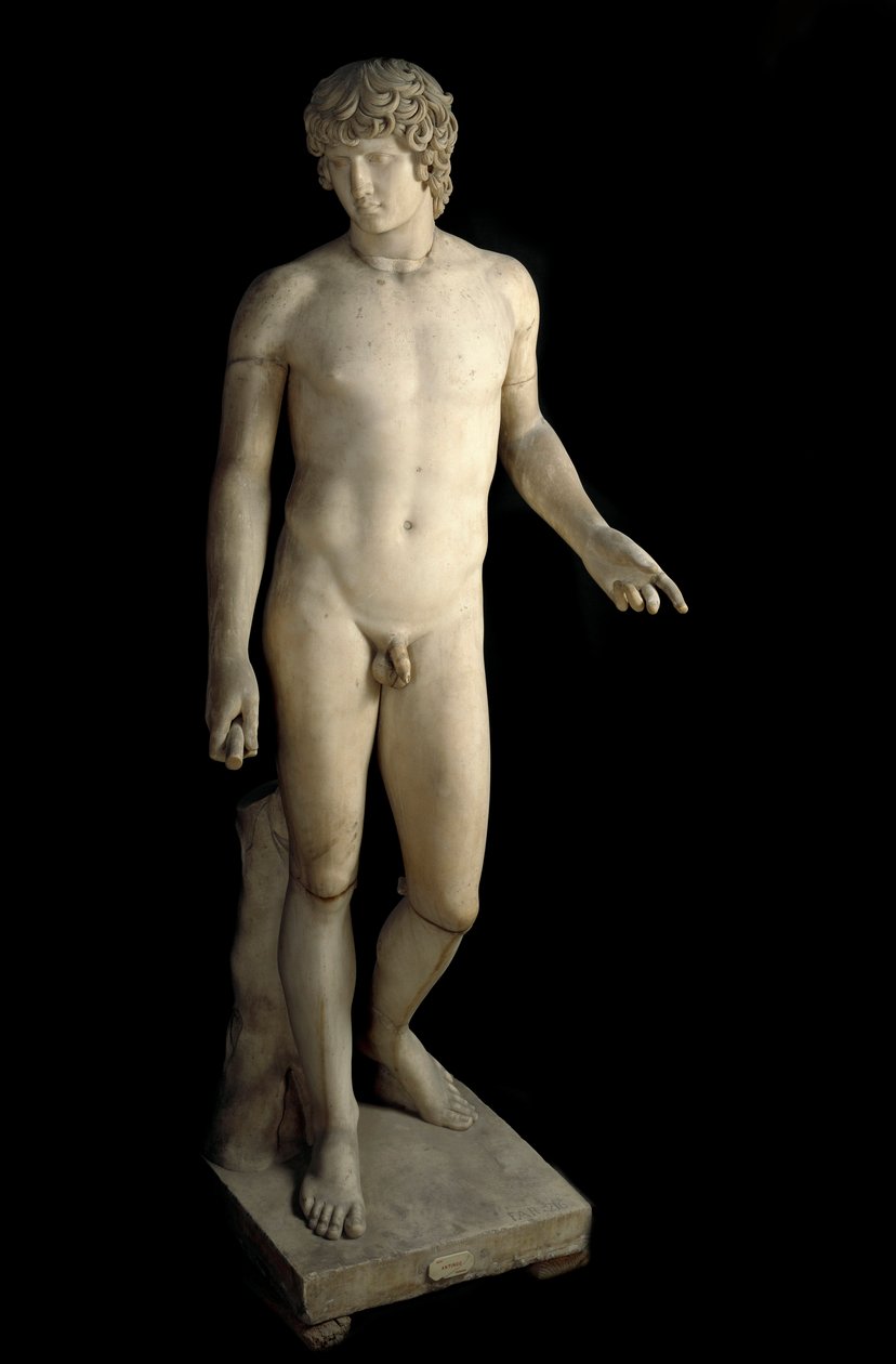 Sztuka rzymska: przedstawienie Antinousa (Antinosa lub Antinoo) (ok. 110-130 ap. JC) Farnese, młodzieńca miłośnika rzymskiego cesarza Hadriana. Rzeźba z marmuru. 130-138 AD Wym. 203 cm Muzeum Archeologiczne w Neapolu. autorstwa Roman