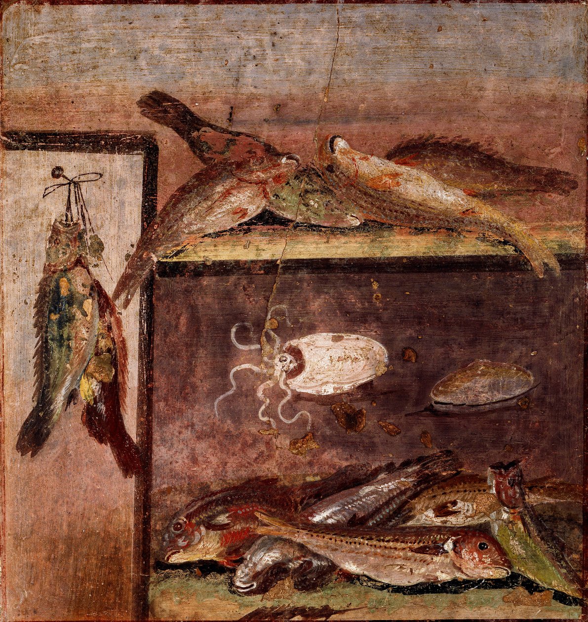 Sztuka rzymska: „”martwa natura z rybami”” Fresk z terenu Pompejów. I wiek naszej ery. Neapol, Museo Archeologico Nazionale autorstwa Roman