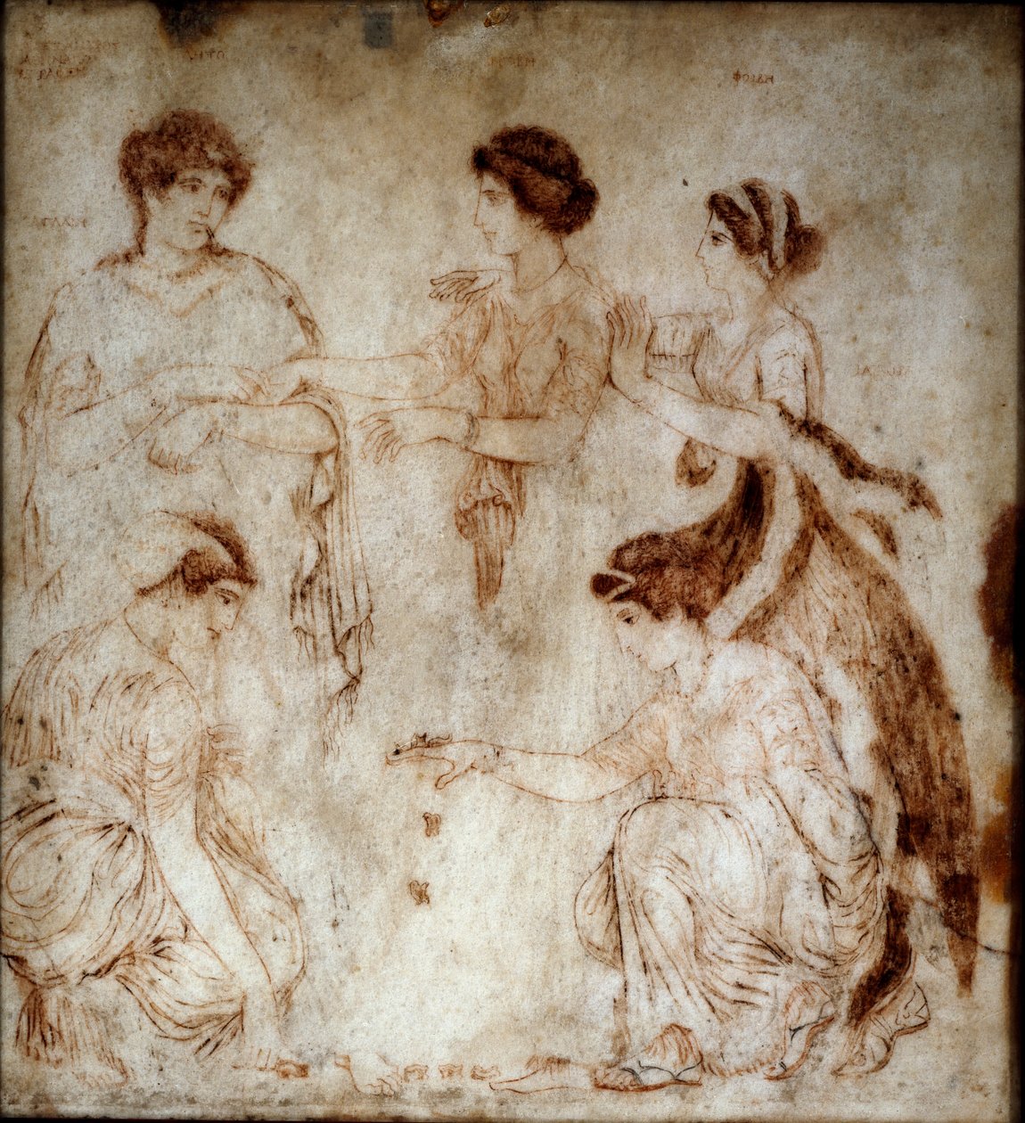 Sztuka rzymska: „” oseletiści”” Grają je Niobe i cztery jego córki. Monochromatyczny na marmurze z Herkulanum (Ercolano) I wne. Ciemny. 42x49 cm Museo Archeologico Nazionale, Neapol autorstwa Roman
