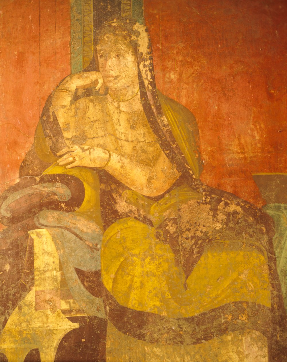 Rzymianka, detal malarstwa z kultu misteriów dionizyjskich, drugi styl pompejański, willa tajemnic, Pompeje, Kampania, cywilizacja rzymska autorstwa Roman