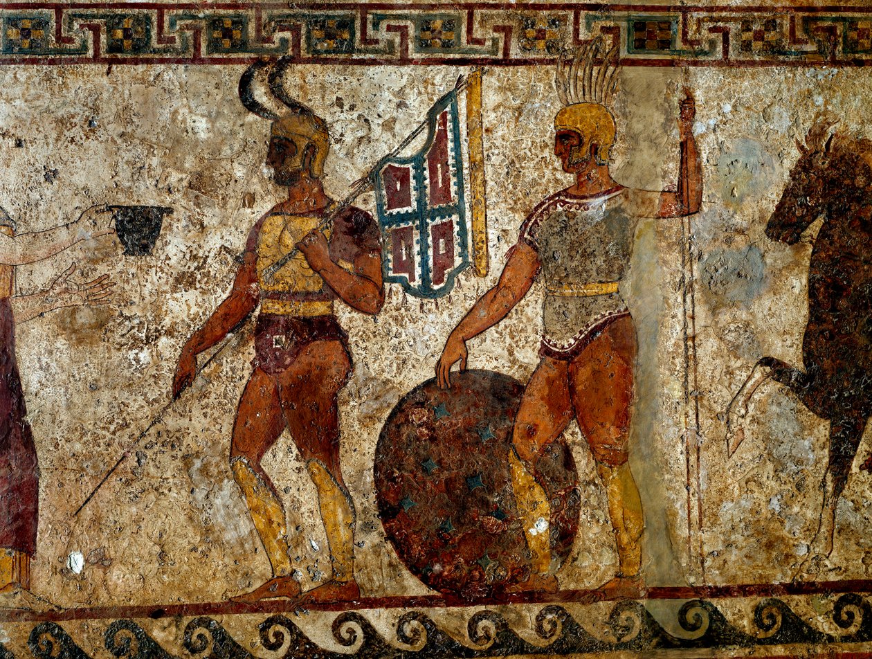 Samniccy wojownicy. Malowidło nagrobne z IV wieku p.n.e., z terenu Paestum we Włoszech. Fresk. Wymiary: 112x199cm. Faktura 9363. Museo nazionale archeologico, Napoli (Muzeum Archeologiczne w Neapolu). - Samniccy wojownicy. Malowanie grobowca. IV wiek pne,  autorstwa Roman