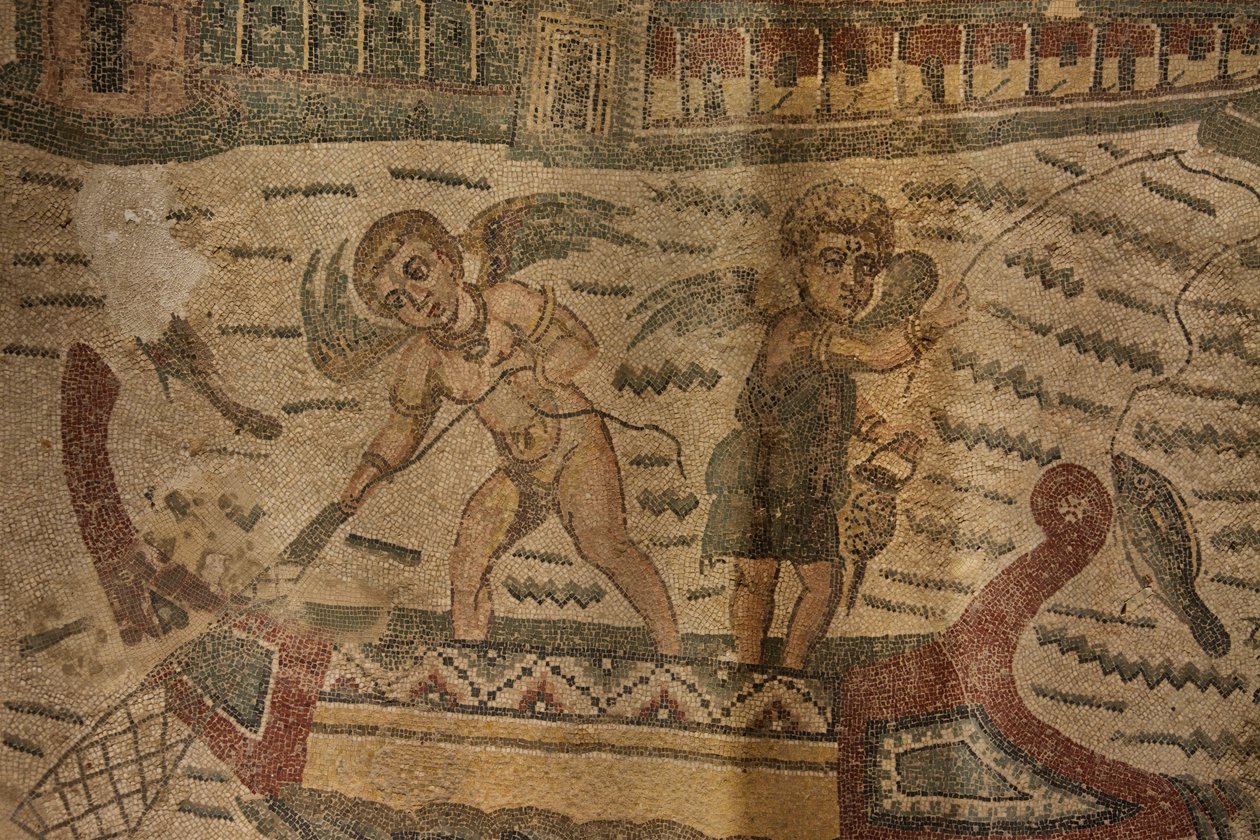 Półokrągły portyk, mozaika podłogowa, Villa Romana del Casale, Piazza Armerina, Sycylia, Włochy (zdjęcie) autorstwa Roman
